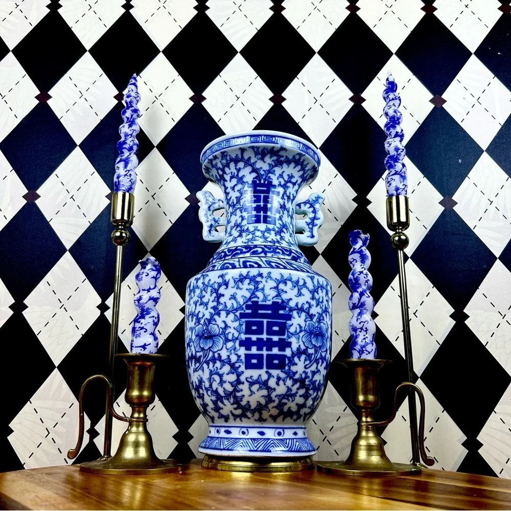 Blue White Porcelain‎ Double Happiness Vase Chinoiserie 13in Vintage Decor